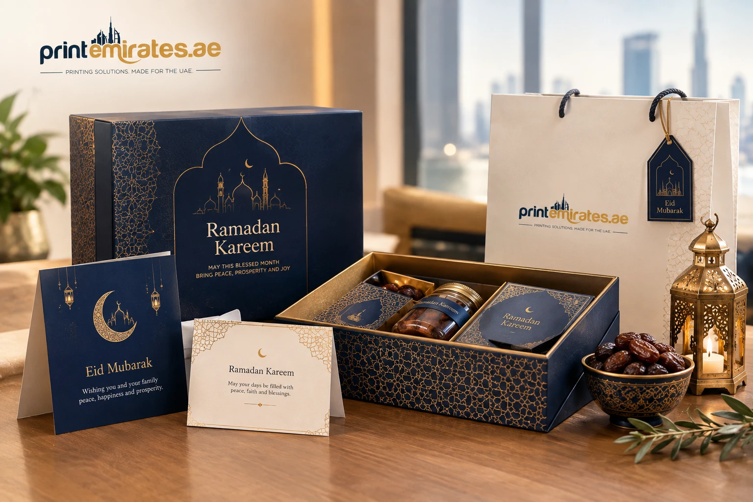 Printed gift boxes and greeting cards arranged on a table for Ramadan gifting