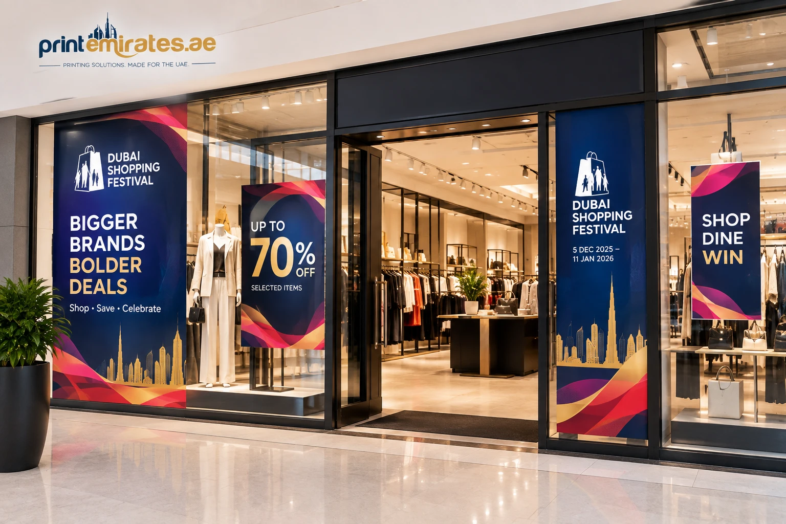 Shop window covered in printed sale graphics and posters during a shopping festival