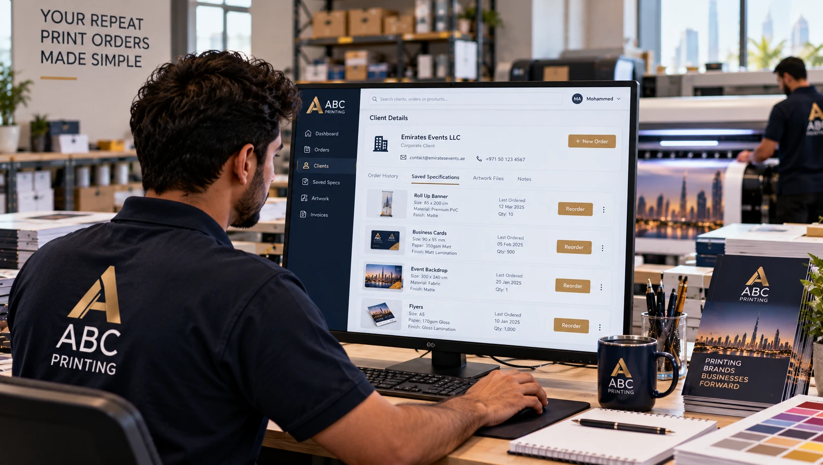 Print shop employee checking a client's saved order details on a screen