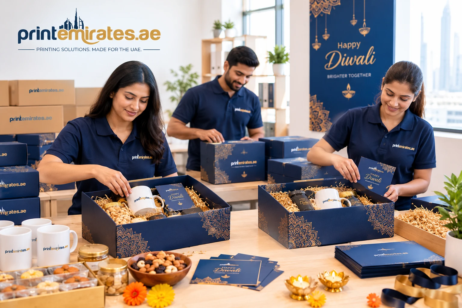Gift boxes and hamper contents being packed for corporate Diwali distribution