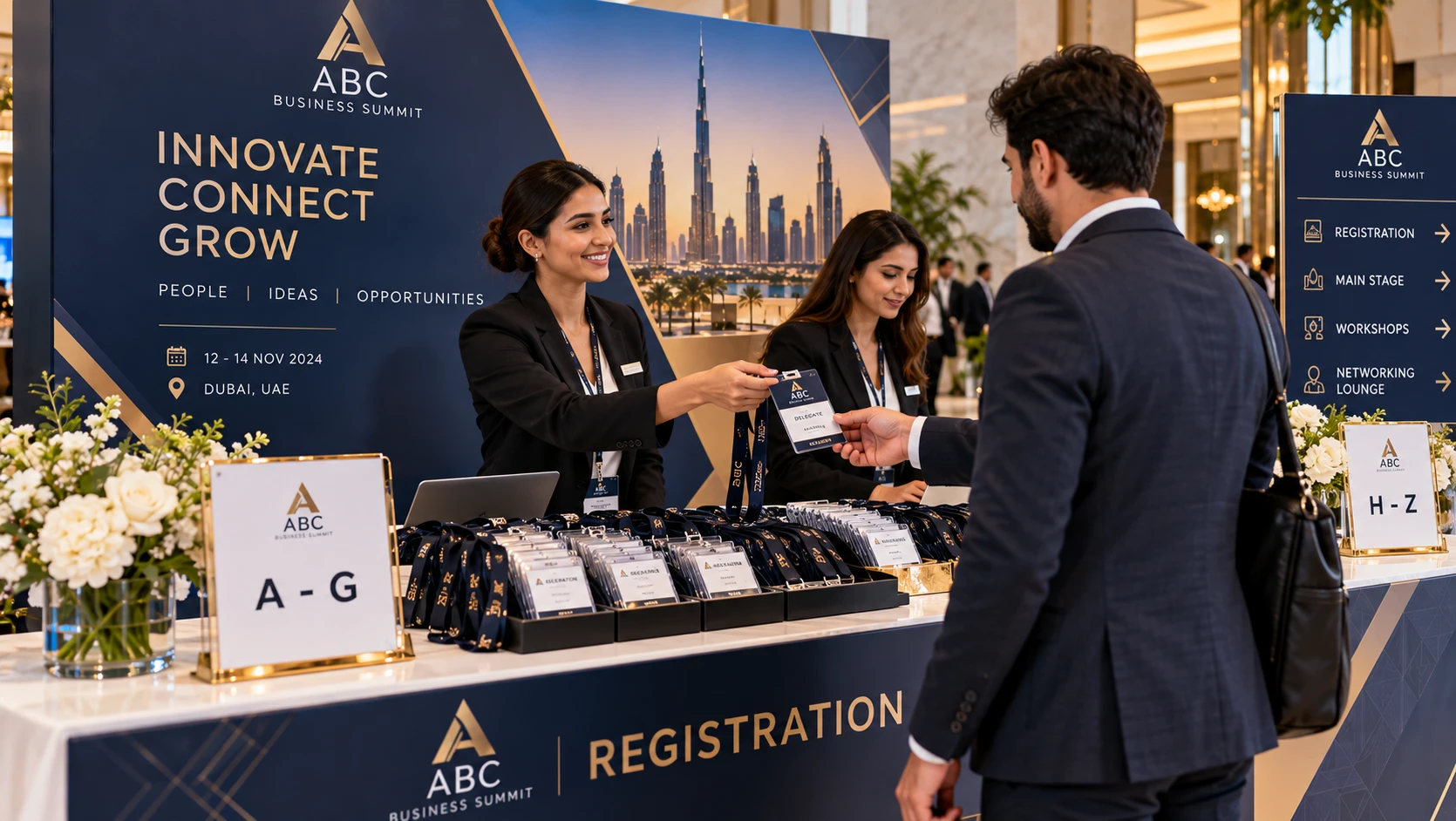 Conference registration table with printed delegate badges and a backdrop banner