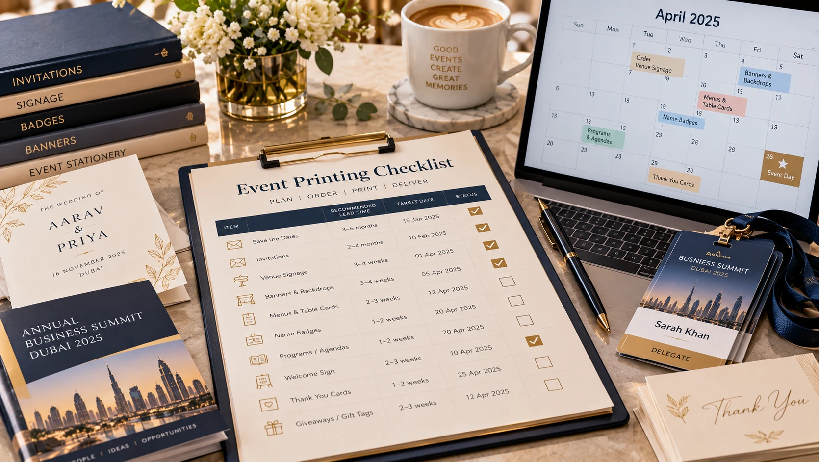 Event planning checklist and calendar showing printed item deadlines