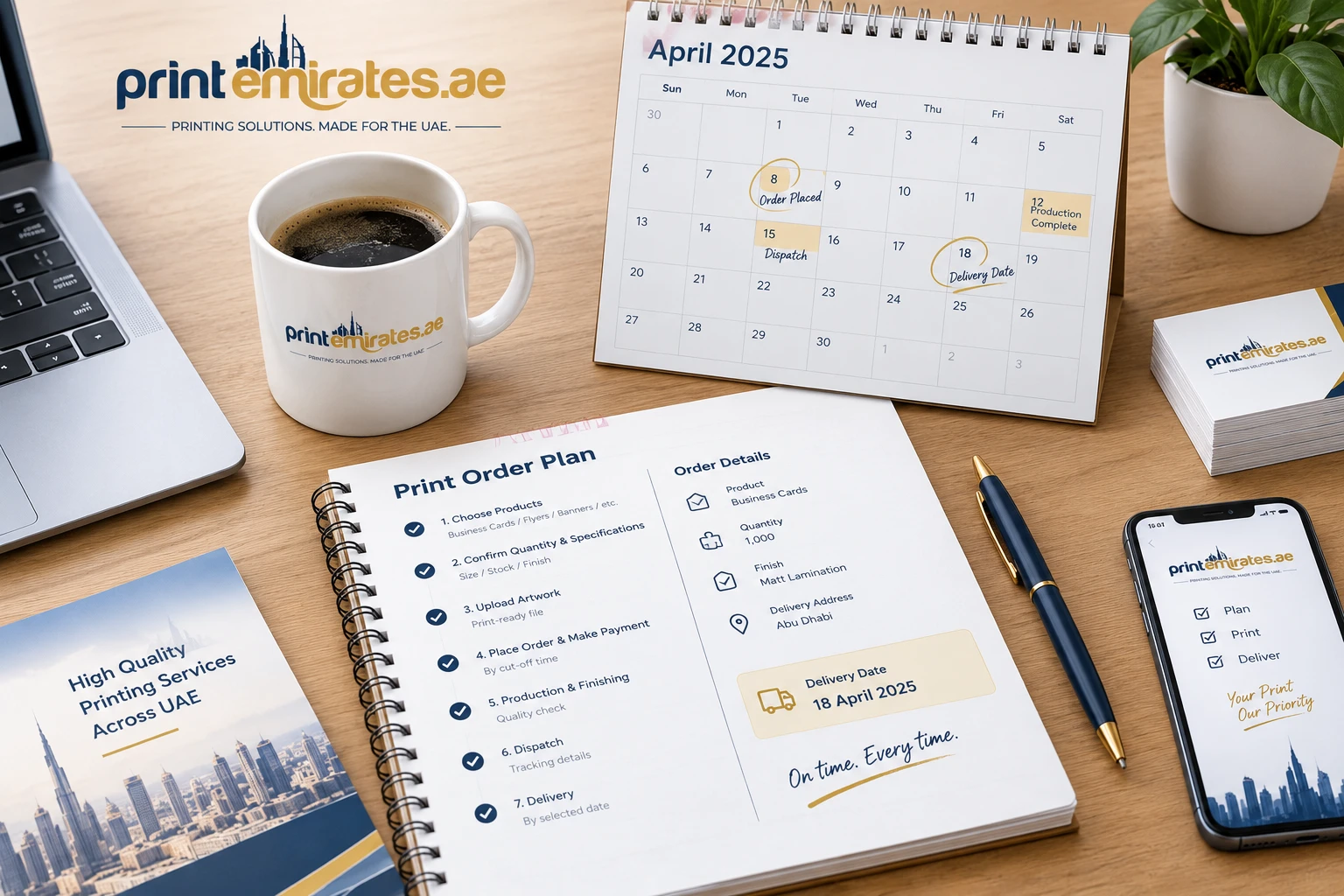 Desk with a printed calendar and notes showing a print order plan and delivery date