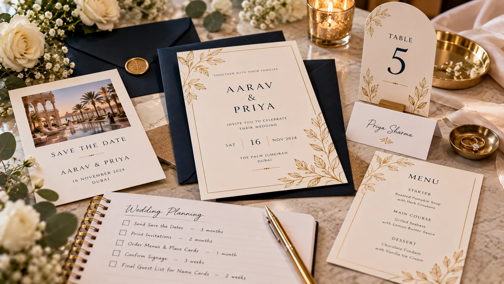 Printed wedding invitations and stationery arranged on a table during event planning