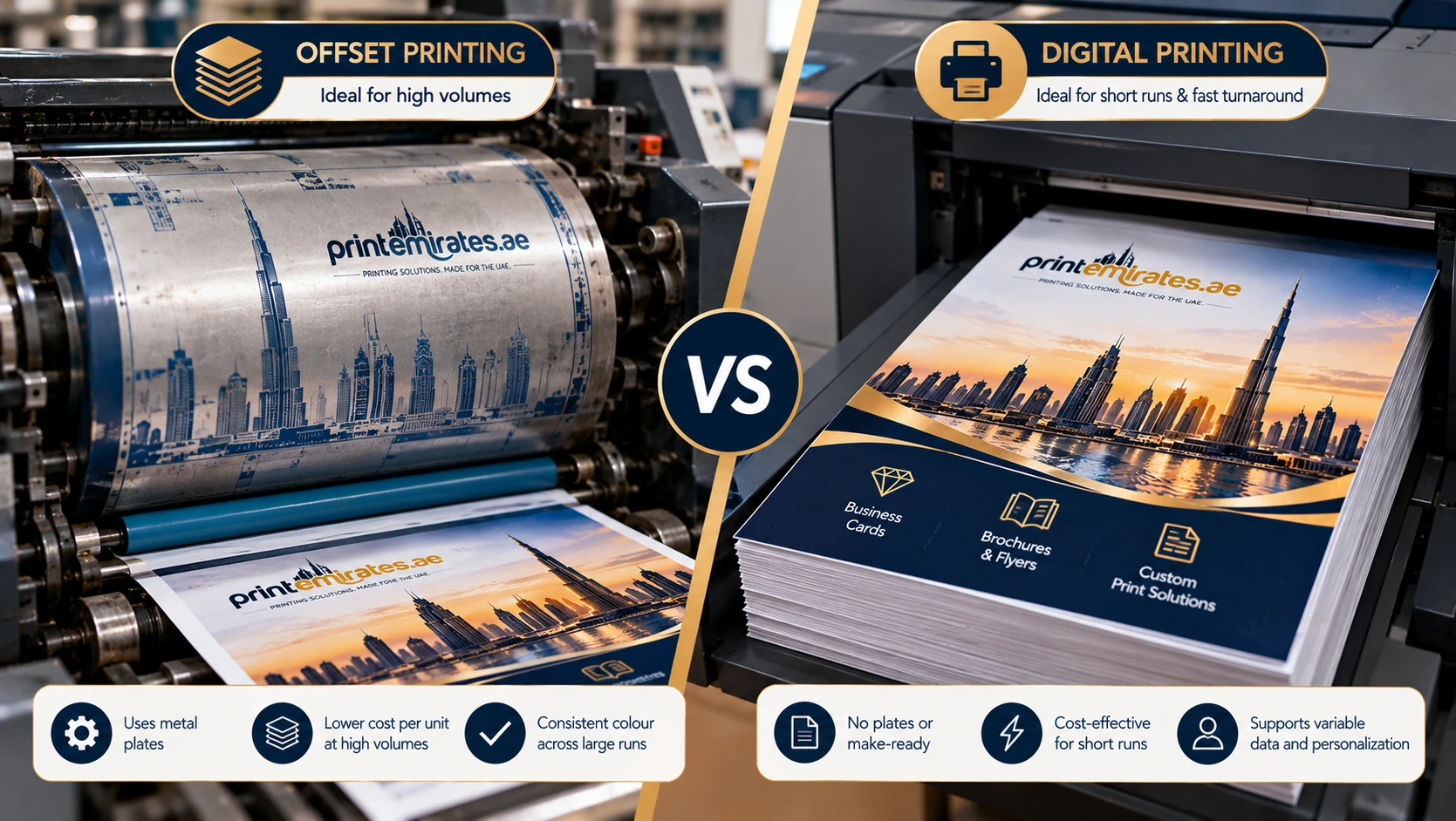 Offset printing plate next to a stack of digitally printed flyers