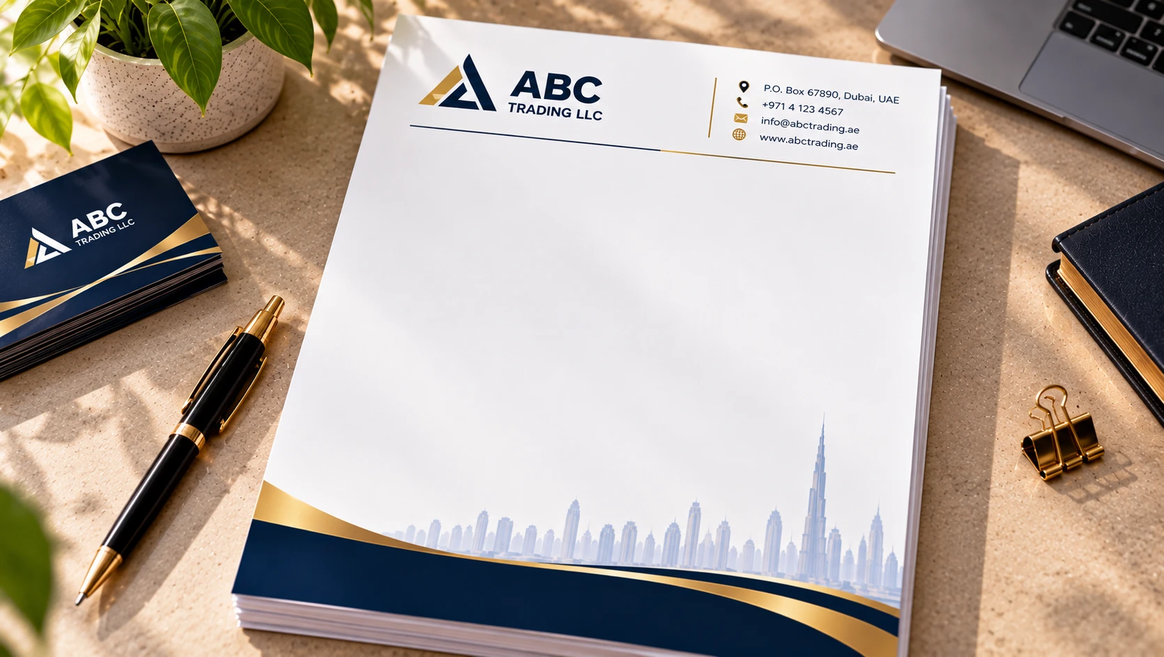 Blank letterhead template showing space for logo, address and contact information