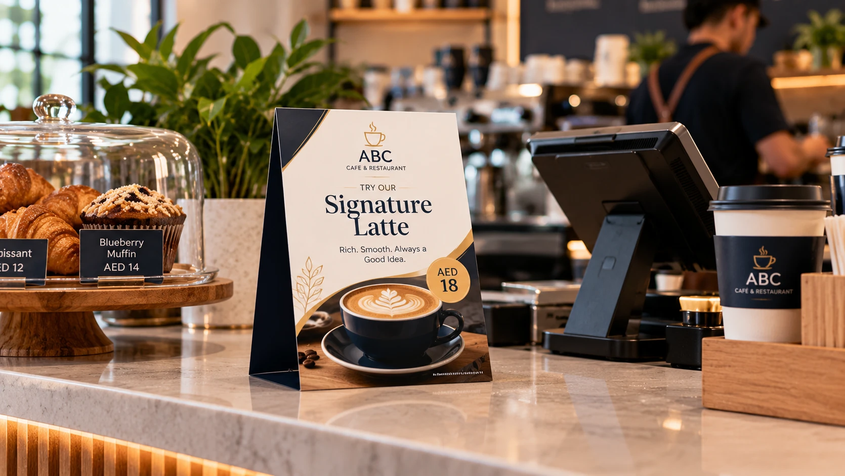 Small printed counter card promoting a special offer at a cafe counter 