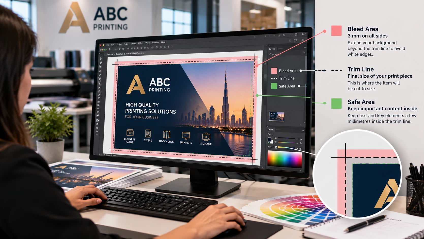 Design file open on screen showing bleed area and trim marks around the artwork