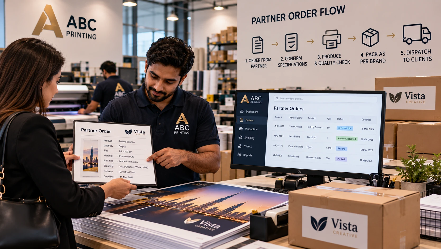 Print shop staff processing an order received through a partner arrangement