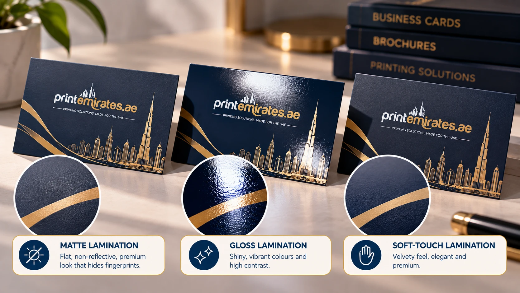 Three identical business cards with matte, gloss and soft-touch lamination under angled light