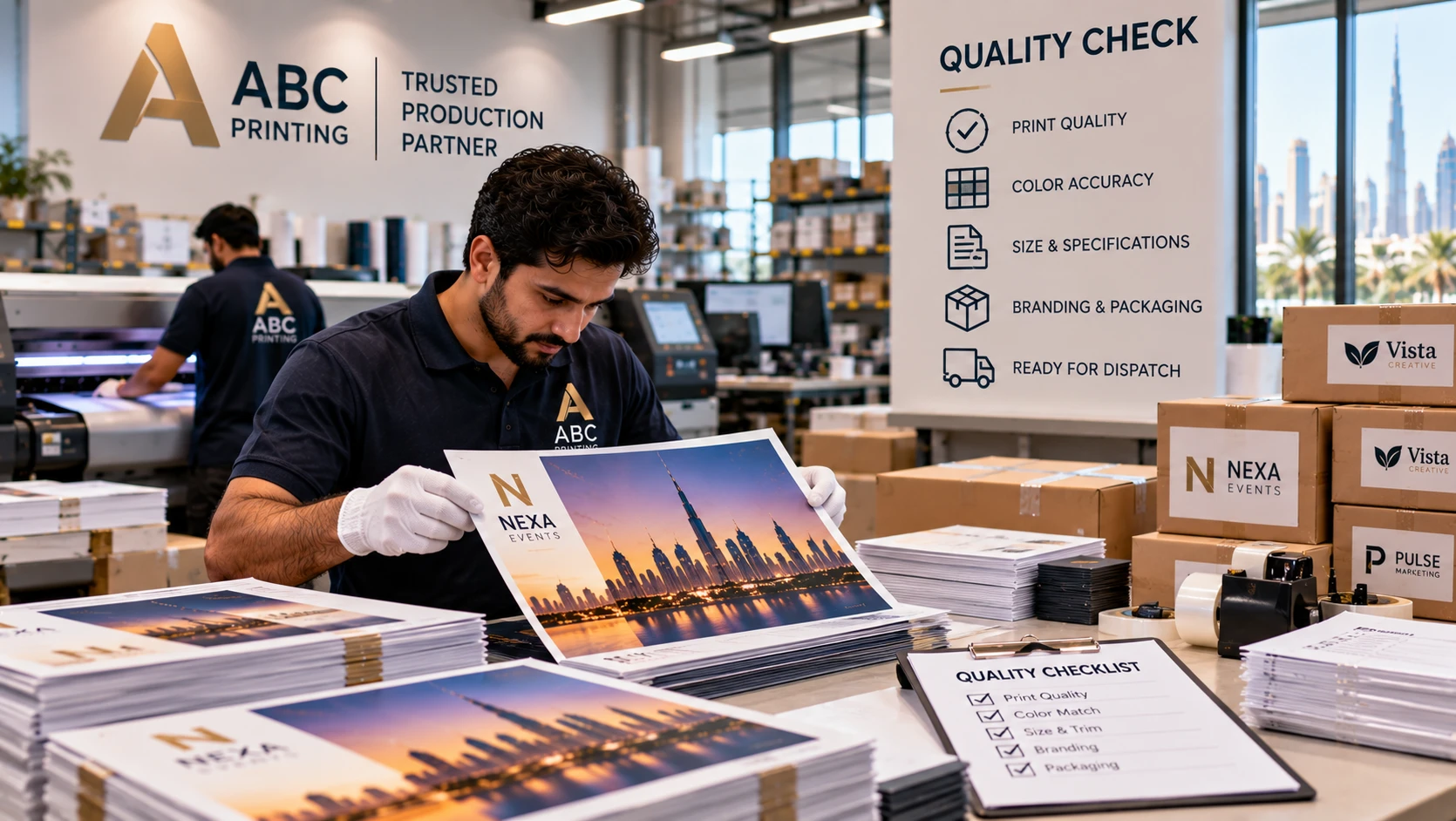 Print shop staff member checking printed material quality before dispatch