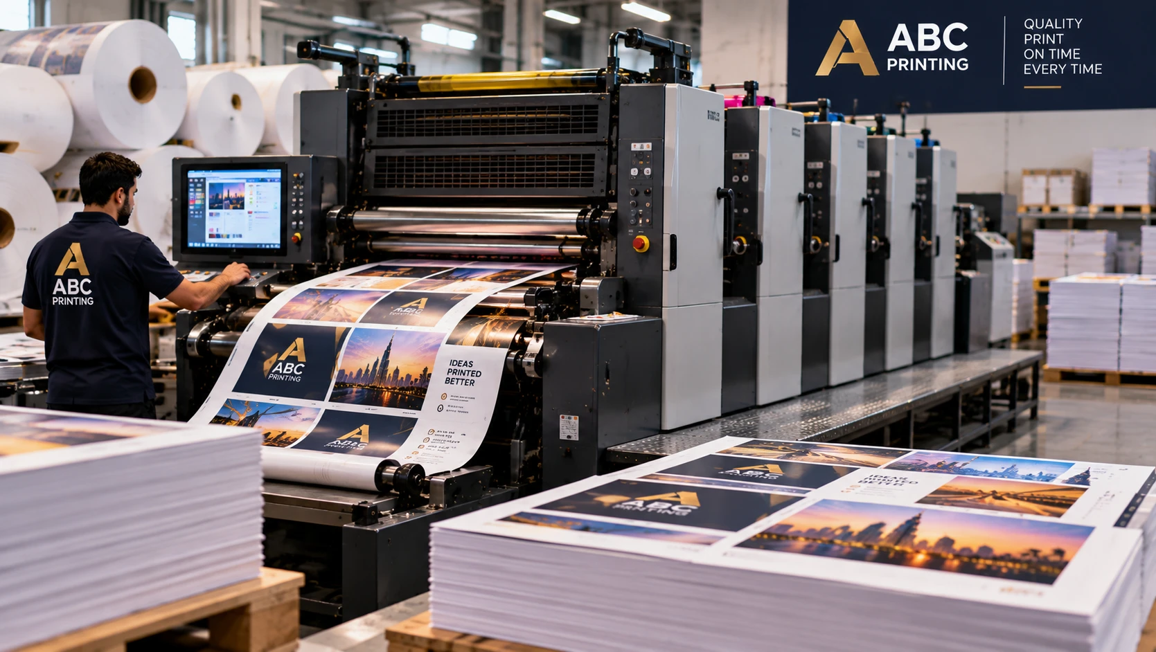 Industrial printing press running colour paper print with rolls of paper stock nearby