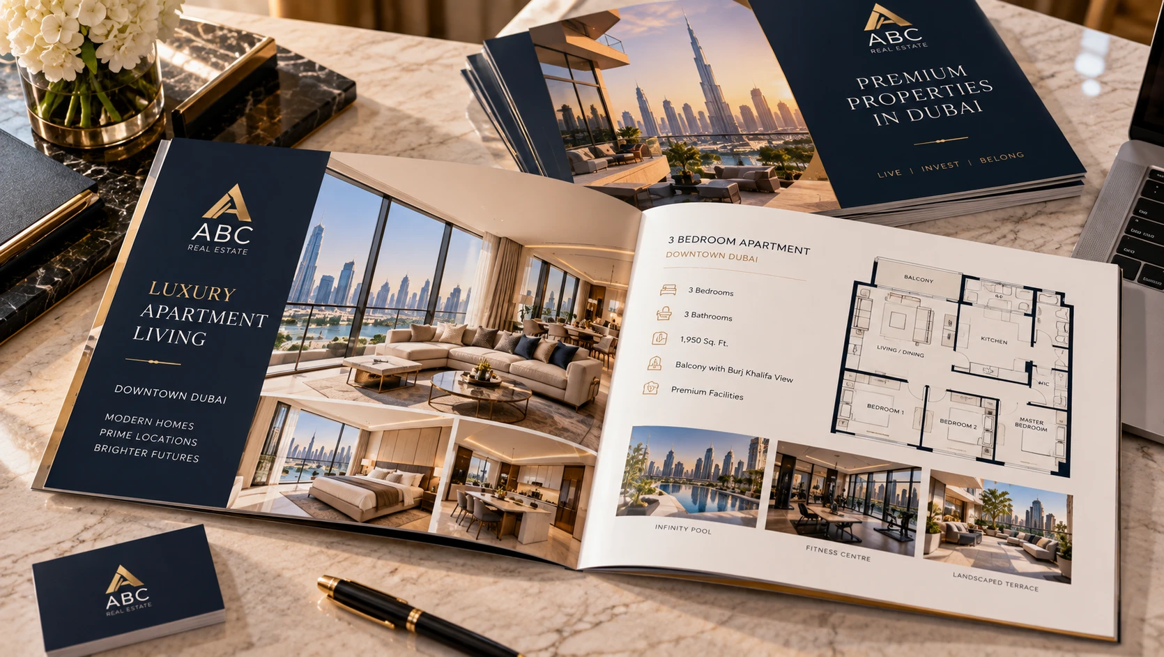 Open property brochure showing photography and a floor plan layout