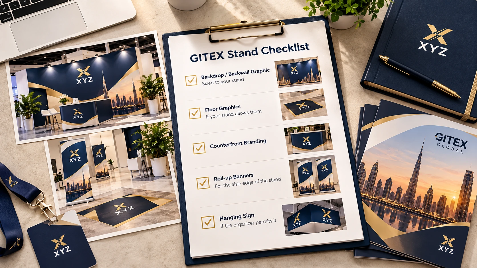 XYZ company GITEX exhibition stand checklist featuring branded booth graphics, backdrop designs, floor graphics, counter branding, roll-up banners and hanging signage samples arranged on a desk.