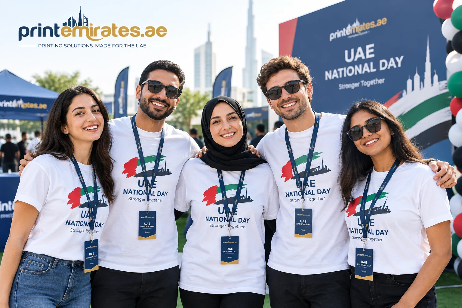 Group of colleagues in matching printed t-shirts standing together at an event