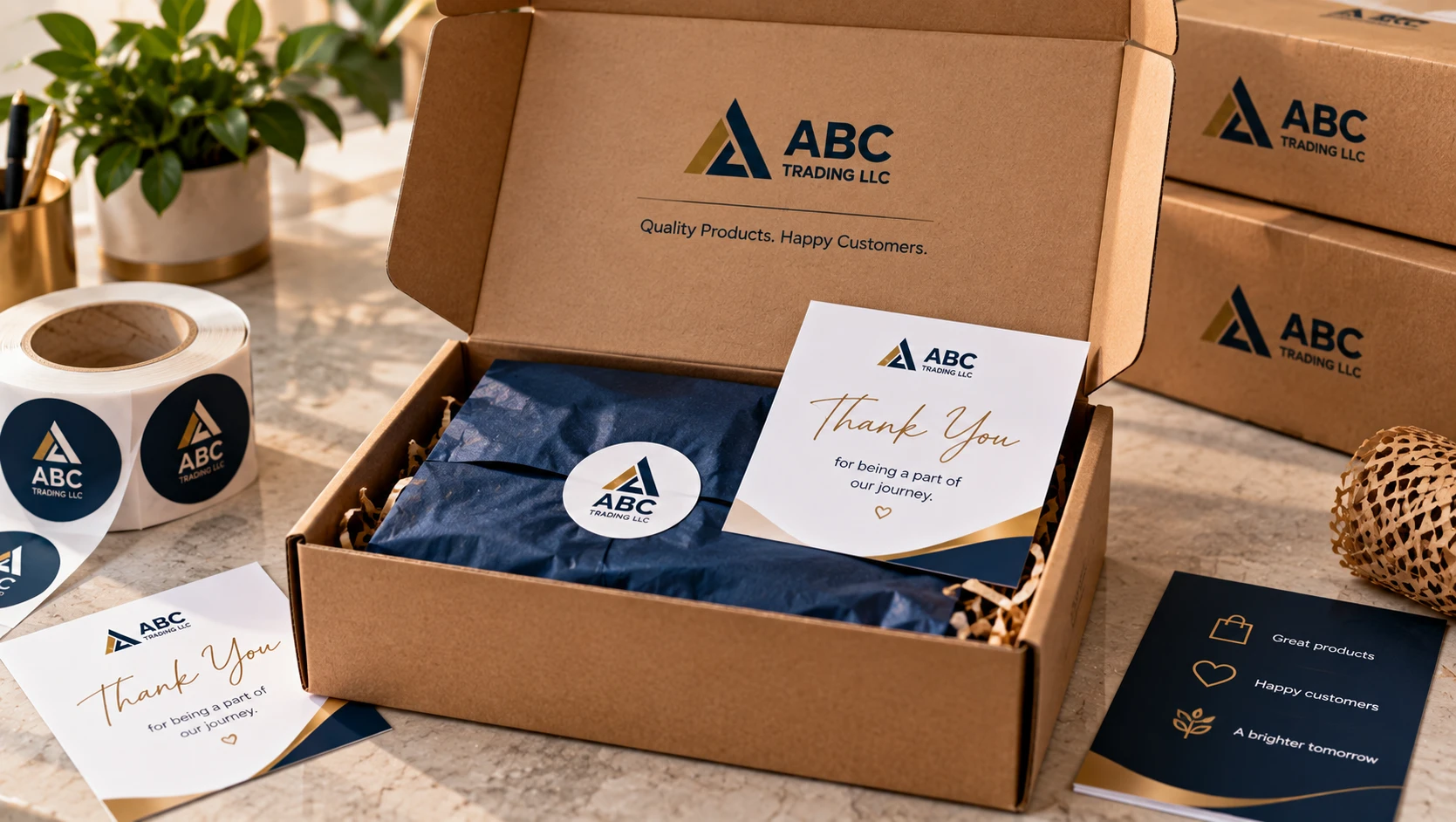 Open mailer box showing a branded sticker seal and a printed thank-you card inside