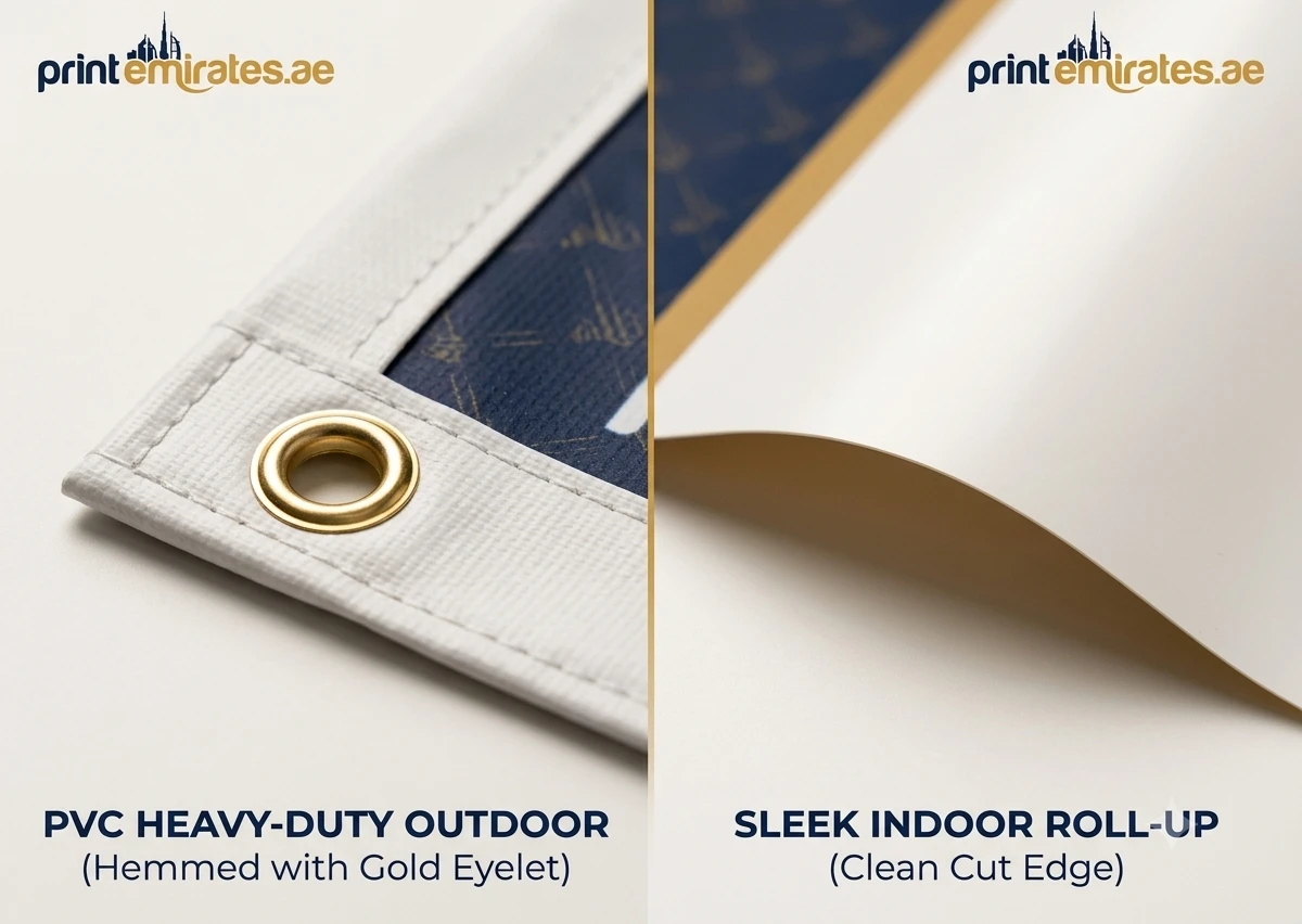 Close-up of a hemmed banner edge with a metal eyelet, compared with a plain roll-up banner edge with no reinforcement.