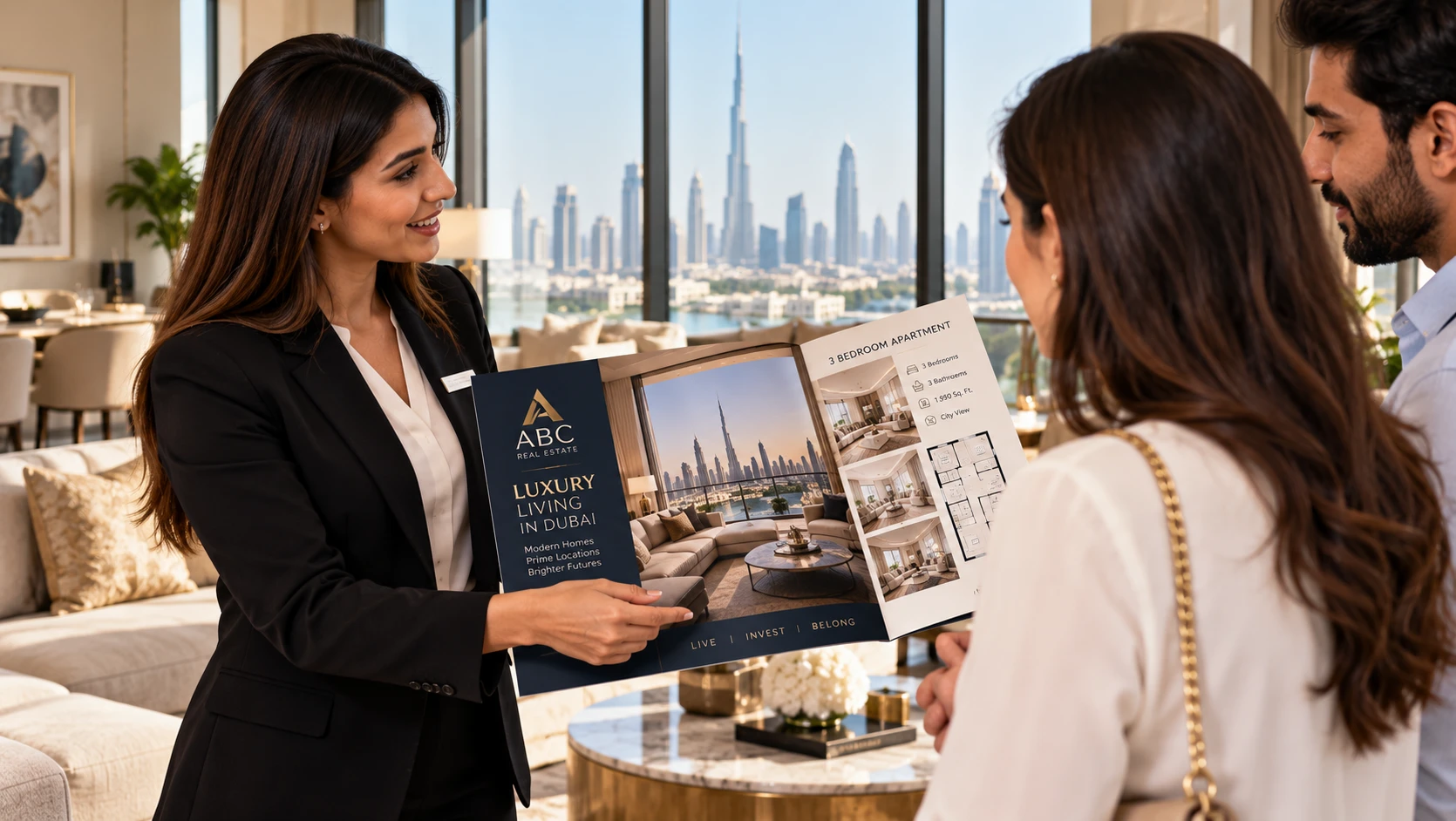 Real estate agent showing a printed property brochure to a client during a viewing