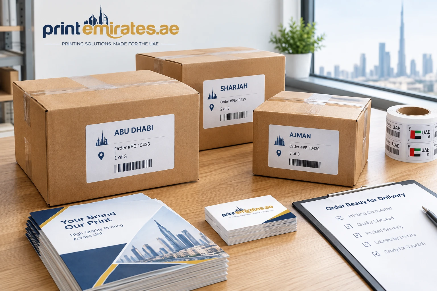 Boxes of printed material packed on a table with delivery labels for different emirates
