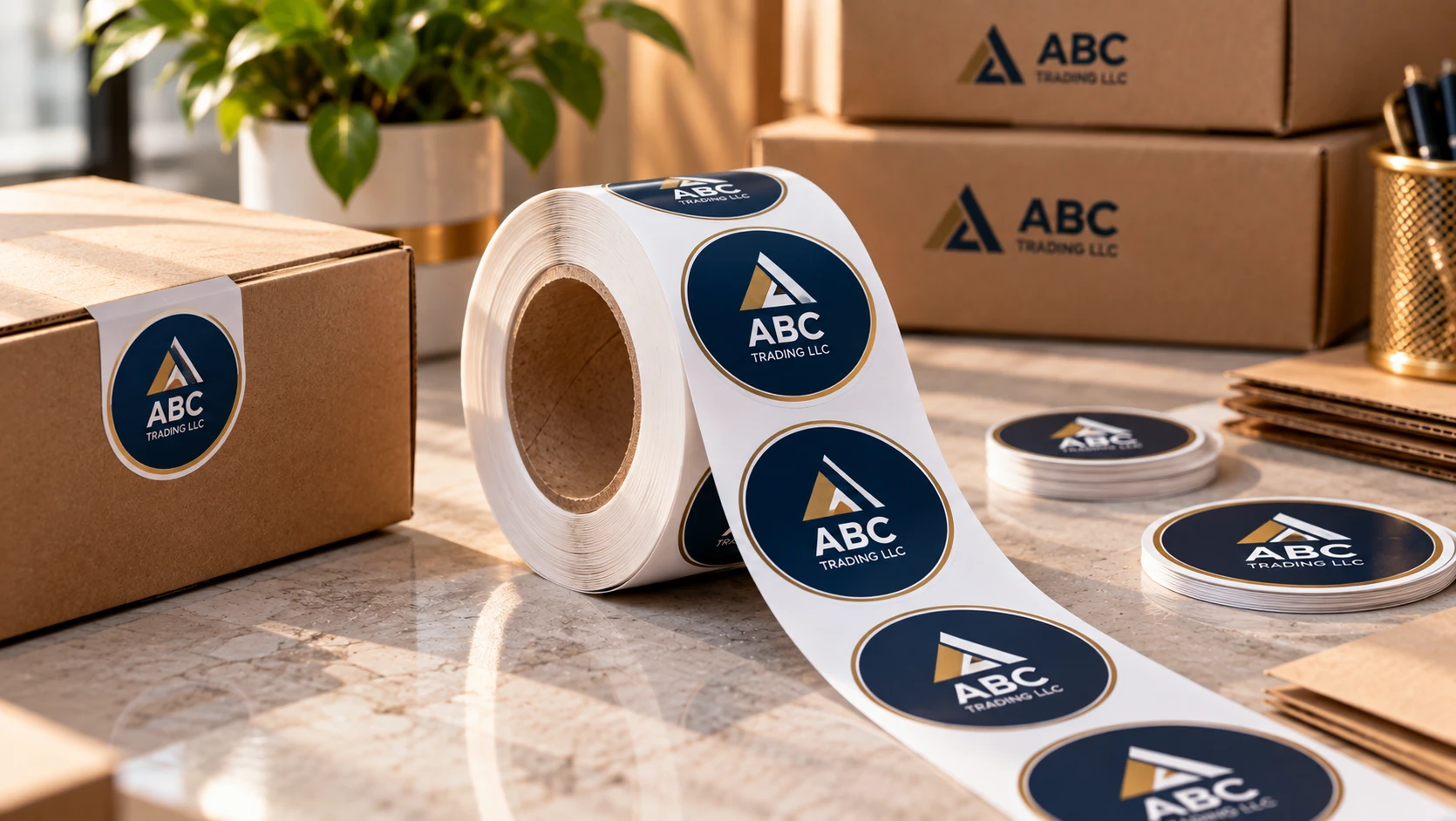 Roll of printed circular stickers with a logo for packaging use