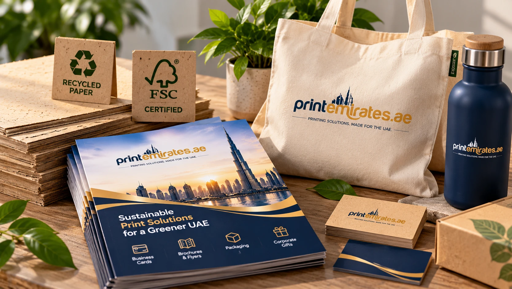 Recycled kraft paper sheets beside a reusable branded tote bag and water bottle