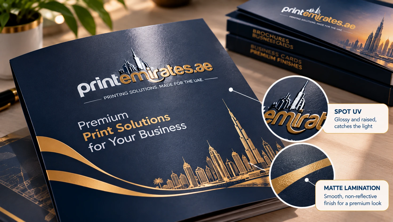 Glossy spot UV logo standing out on a matte laminated brochure cover