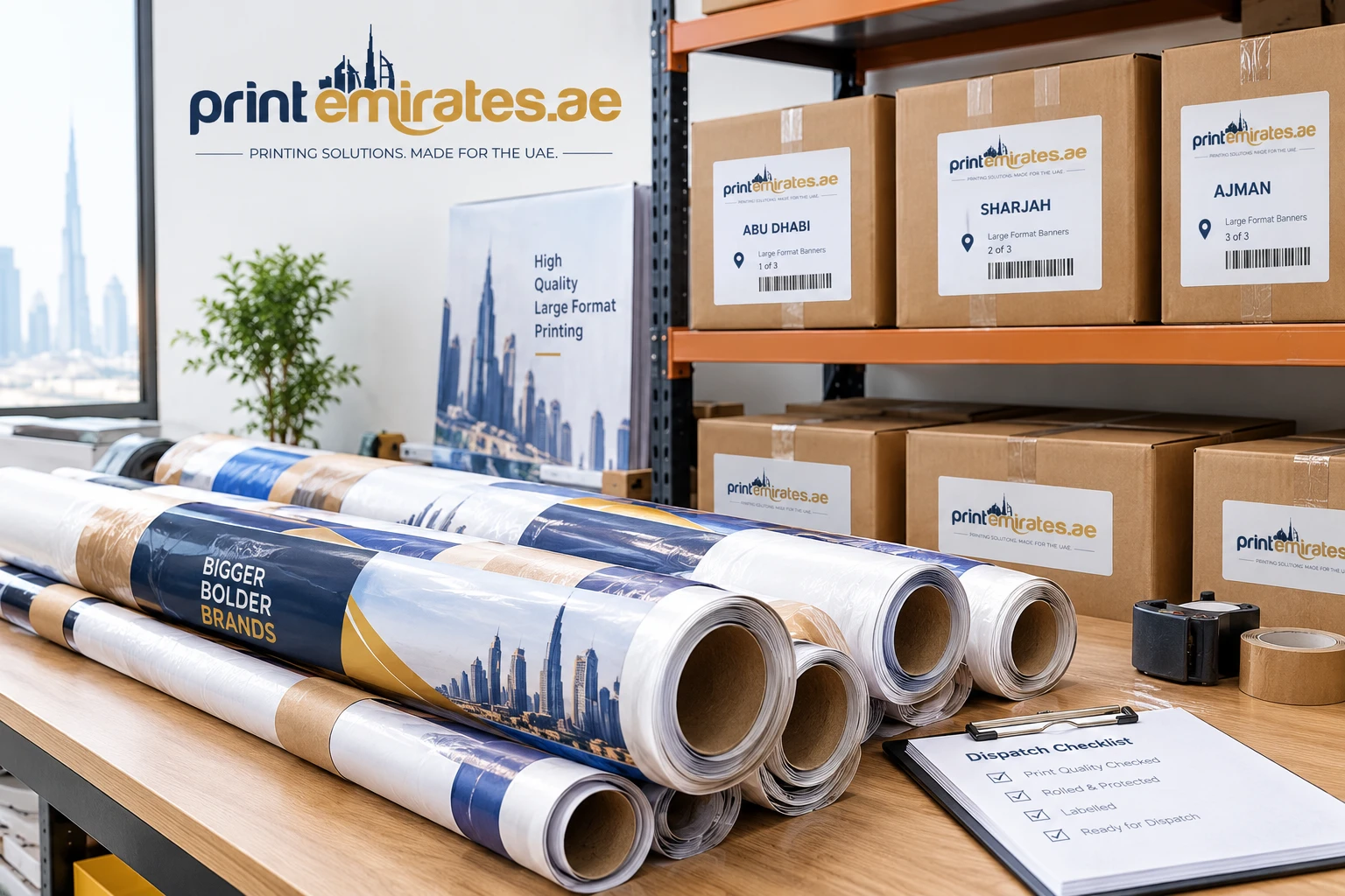 Rolled printed banners and packed boxes waiting on a shelf for dispatch