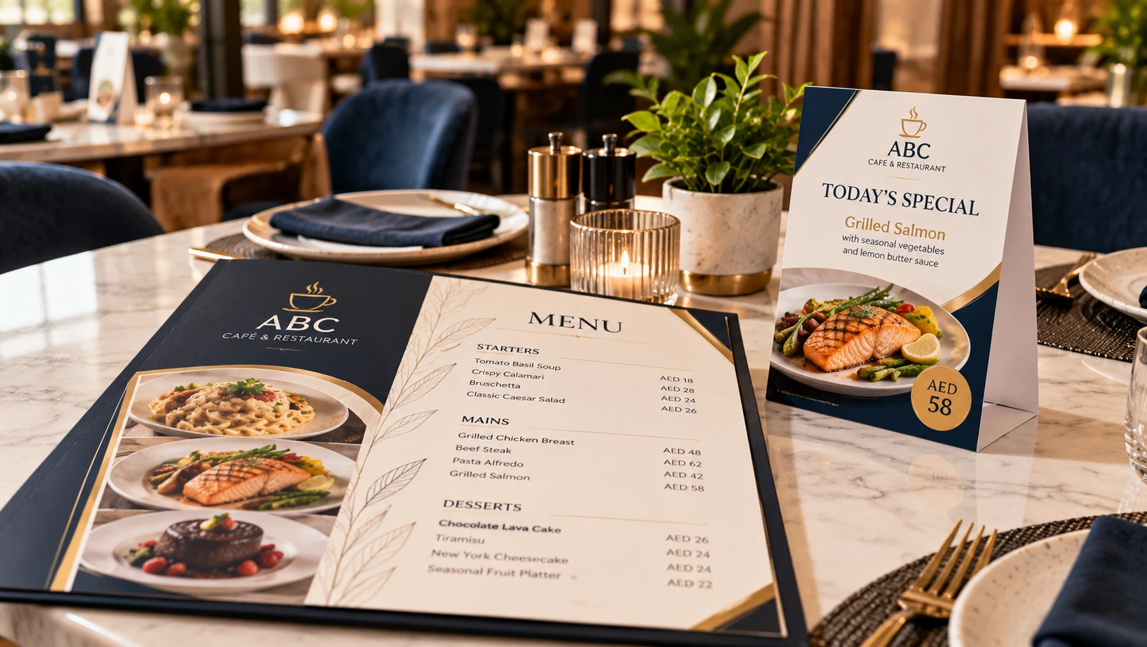 Printed menu and table tent card arranged on a restaurant table