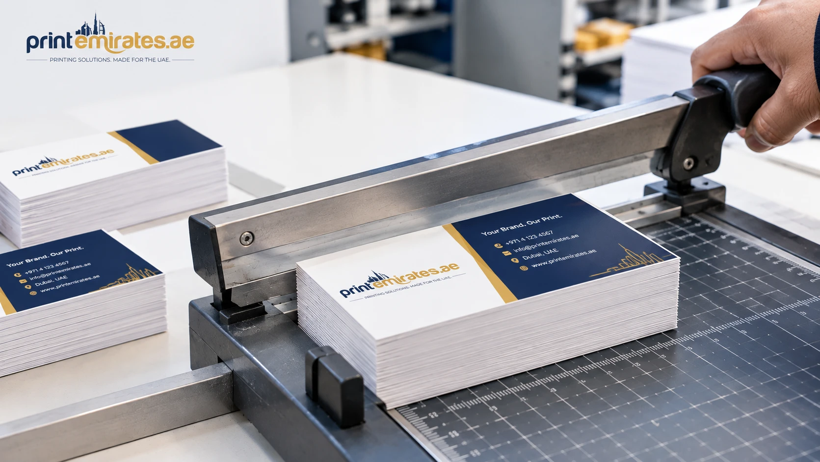 Stack of freshly printed business cards being cut on a paper trimmer 