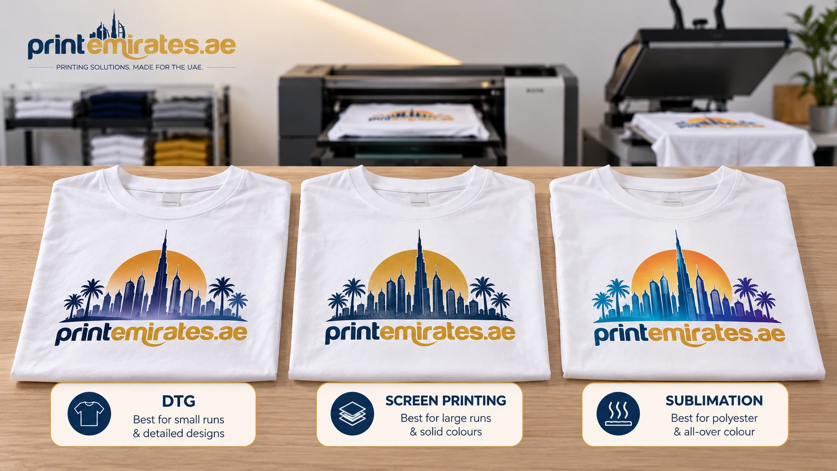 Three t-shirts showing the same logo printed by DTG, screen printing and sublimation