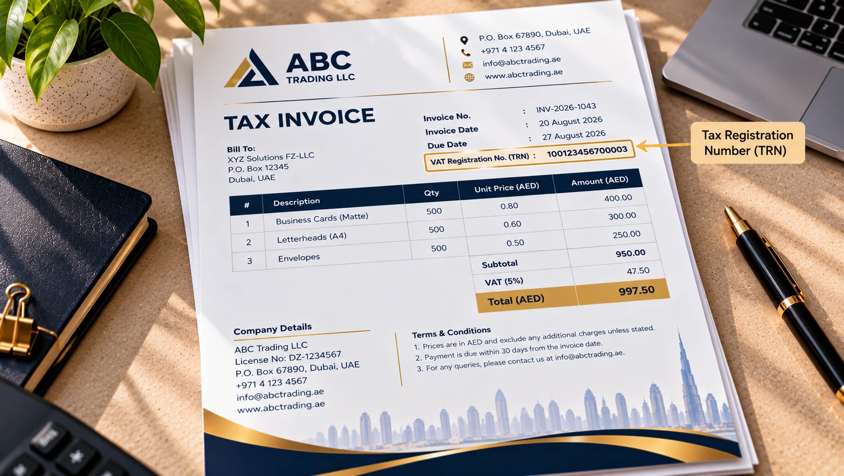 Printed tax invoice with a Tax Registration Number field highlighted