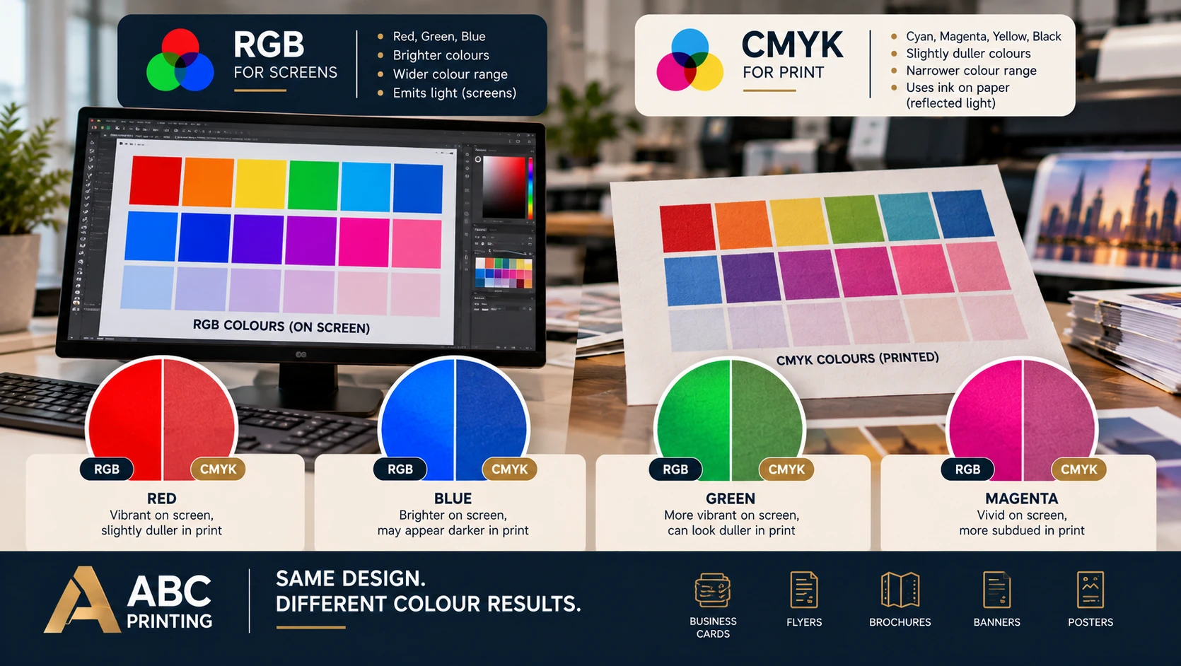 Color swatches showing the difference between RGB screen colors and CMYK print colors