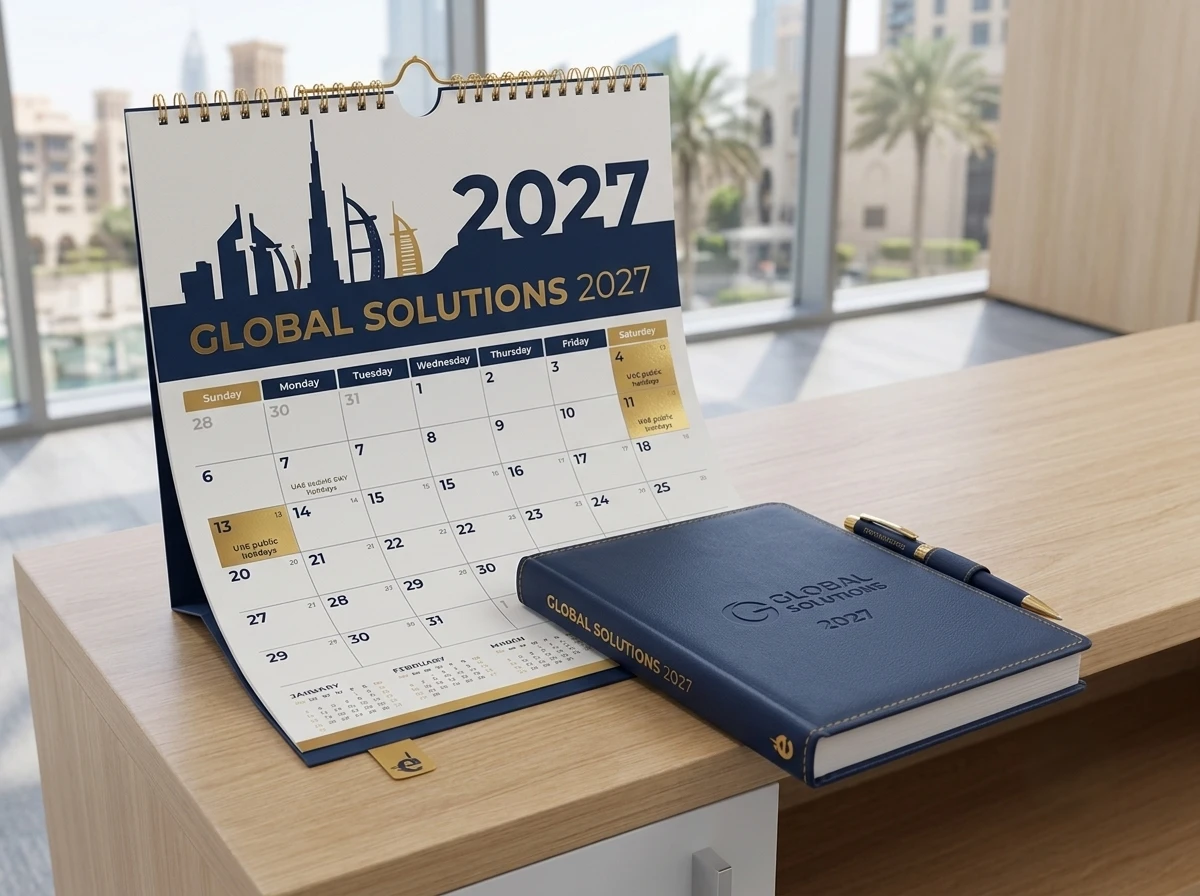 Branded wall calendar hanging beside a corporate diary on a desk 
