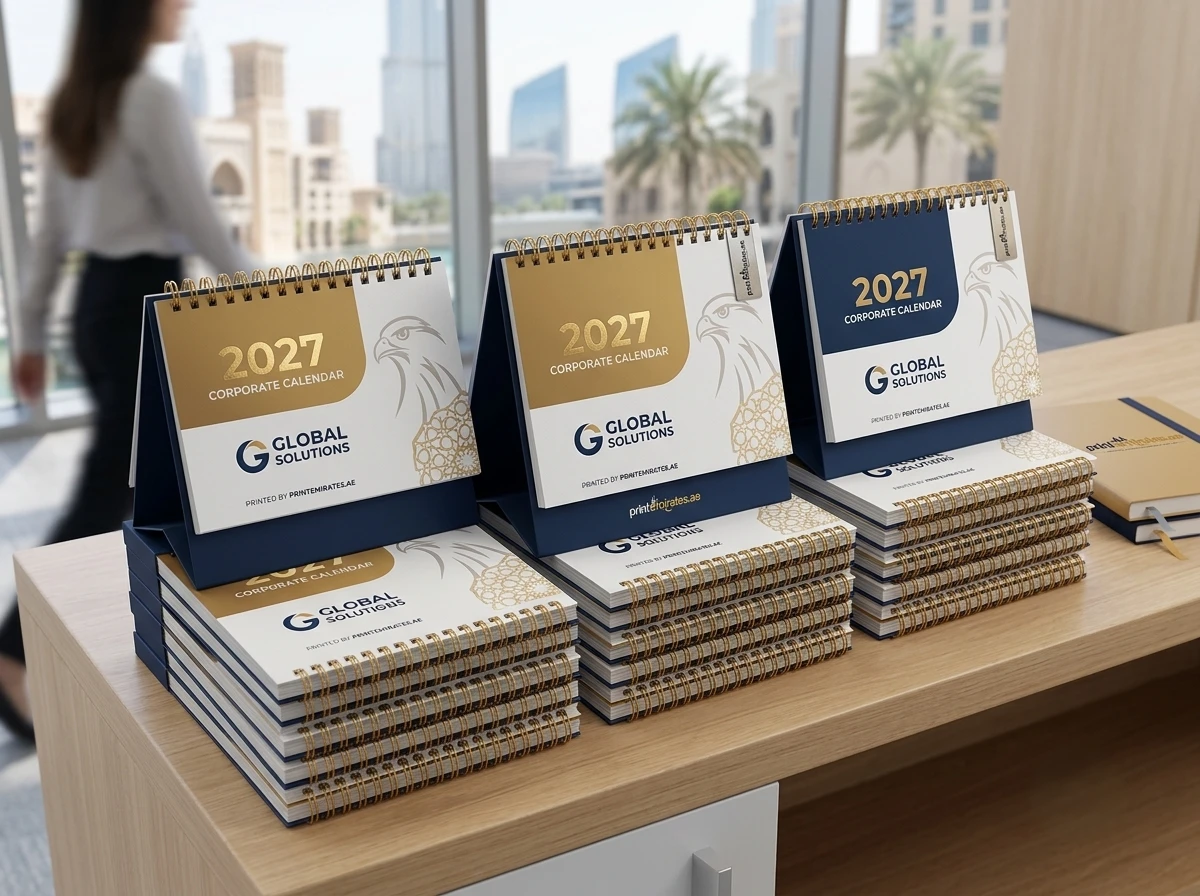 Stack of branded desk calendars with company logo on the cover