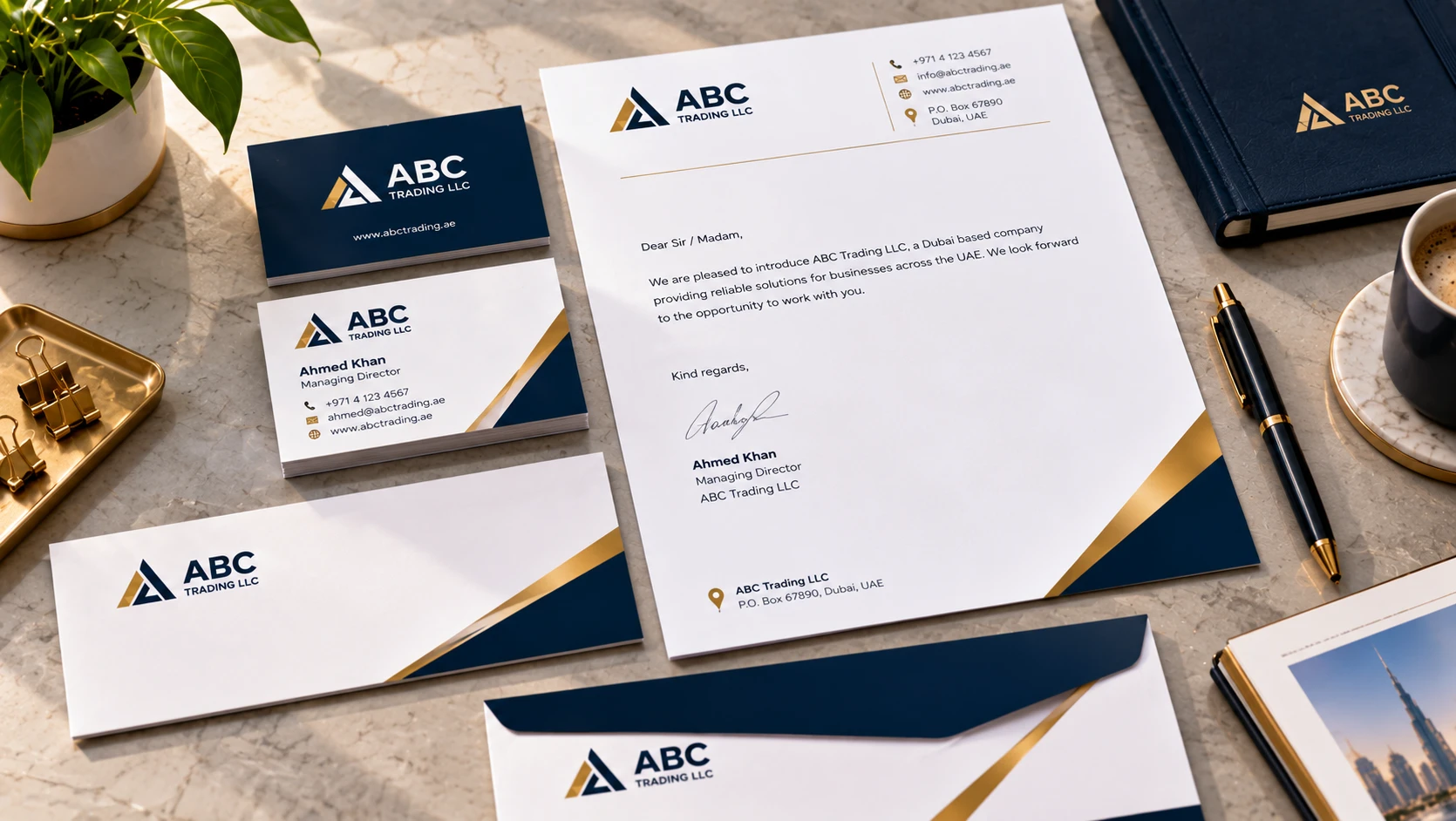 Business cards, letterhead and envelopes laid out together for a new company