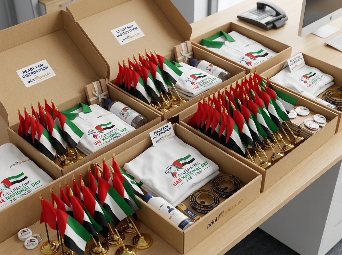 Small UAE desk flags and branded items packed for company distribution