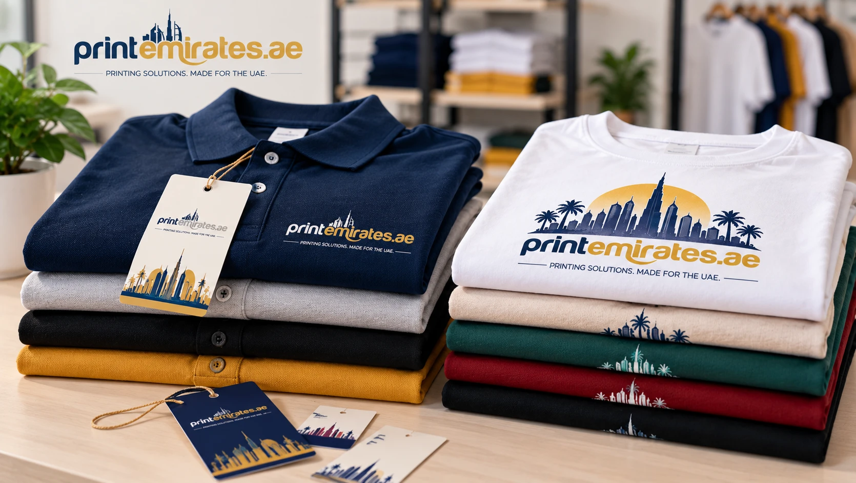 Folded printed polo shirts and t-shirts stacked on a table