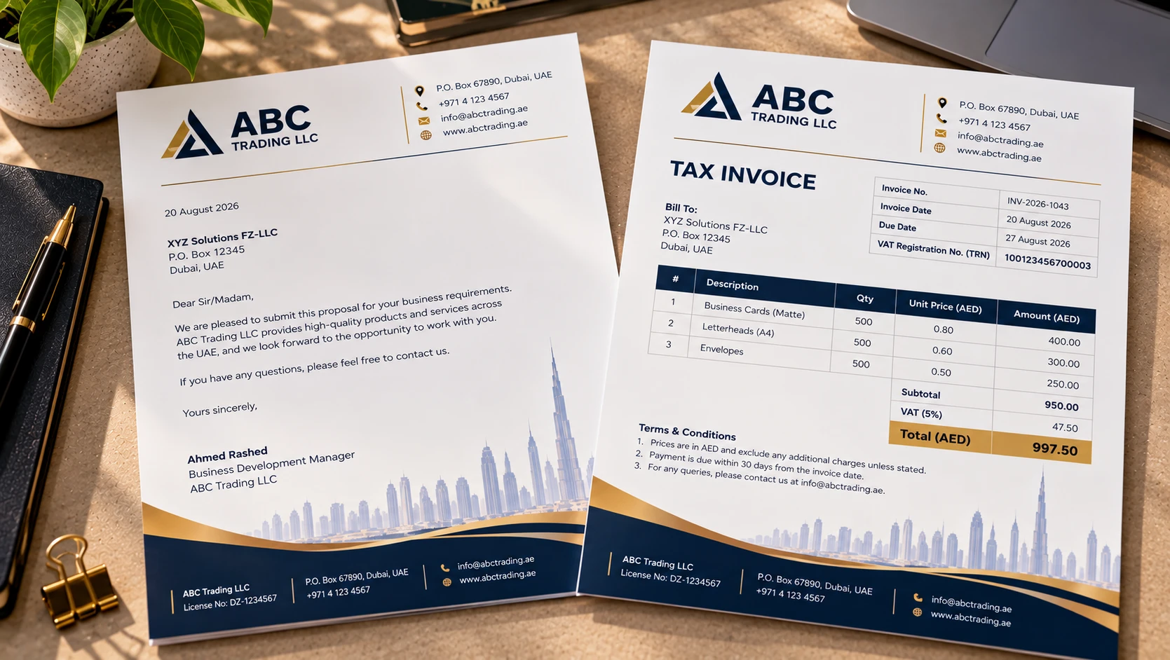 Printed letterhead and invoice showing matching company name and details