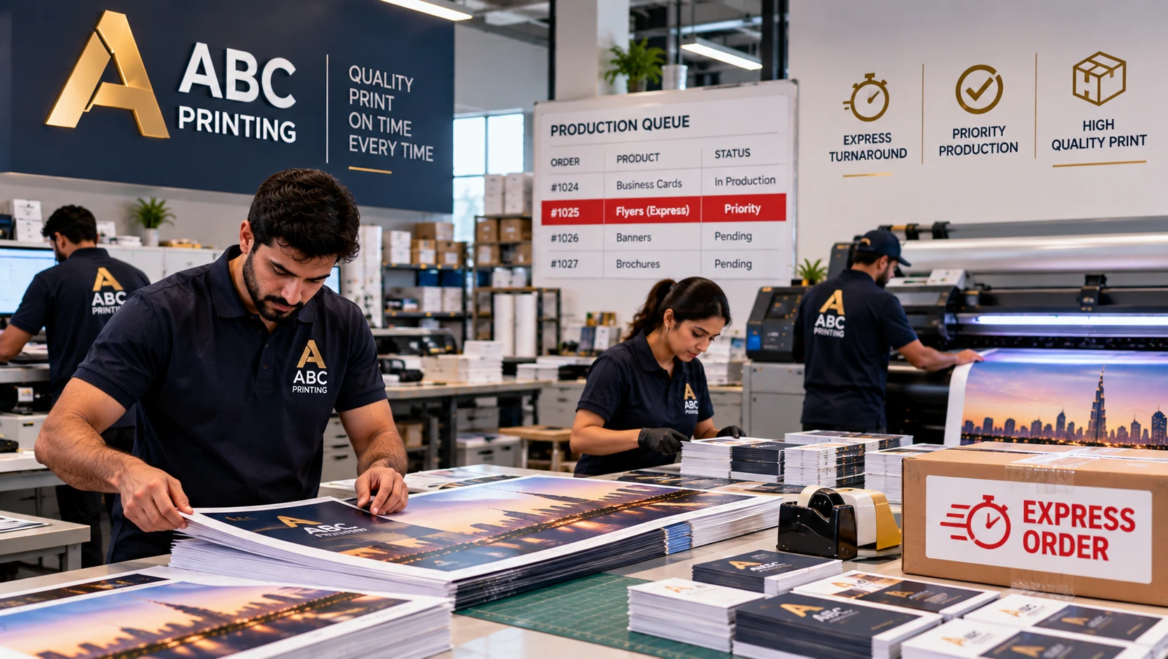 Print shop staff working quickly on an order marked for express turnaround 