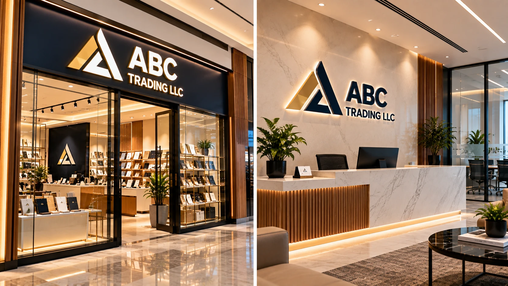 Branded reception signage installed inside an office lobby