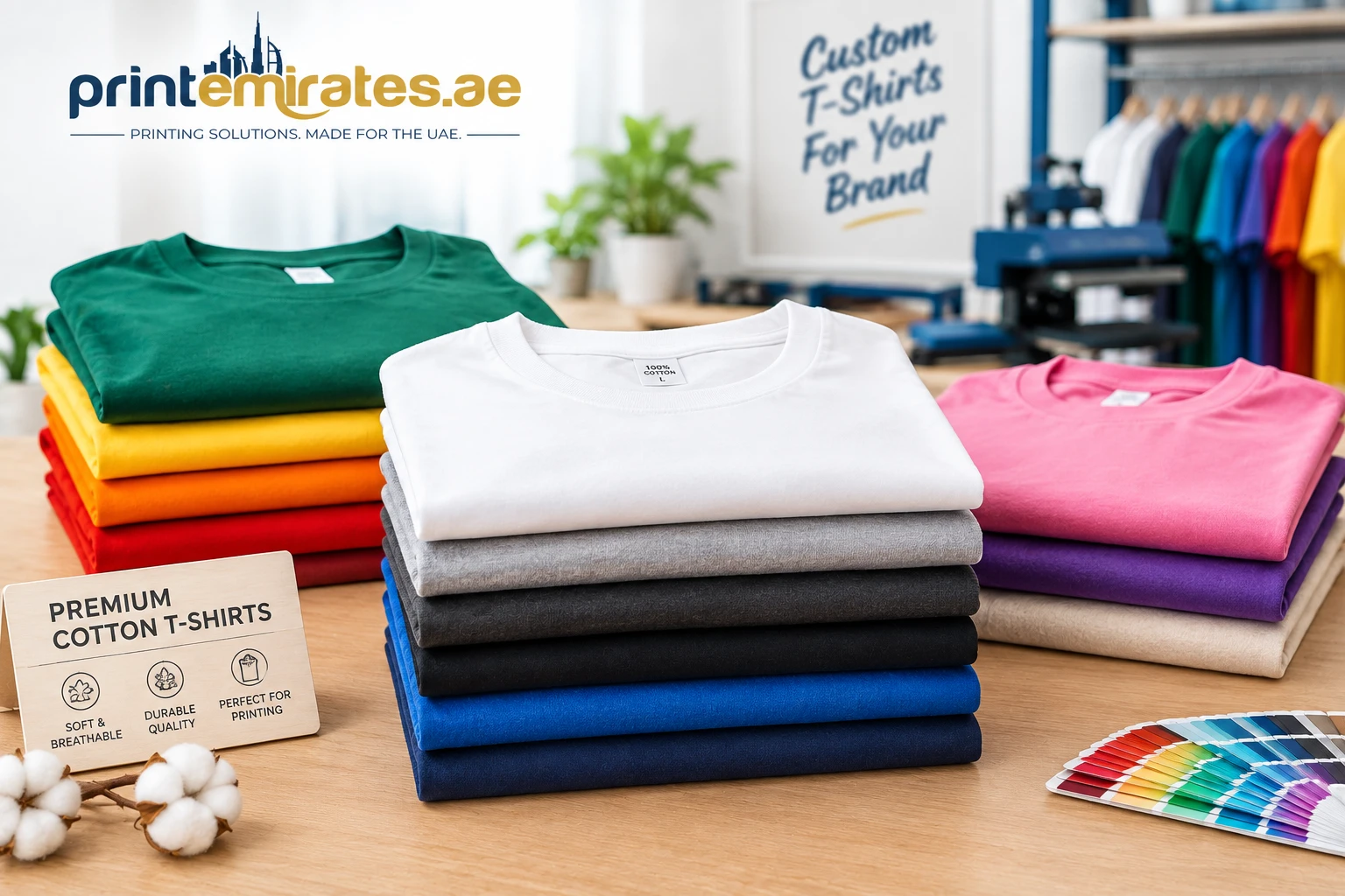 Stack of folded cotton t-shirts in different colours ready for printing
