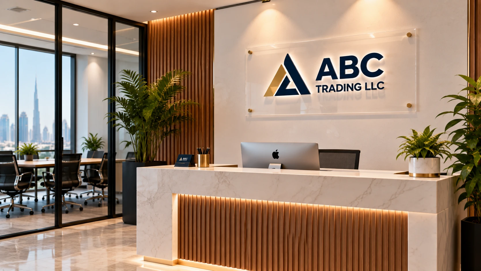 Small office reception area with a branded acrylic sign on the wall