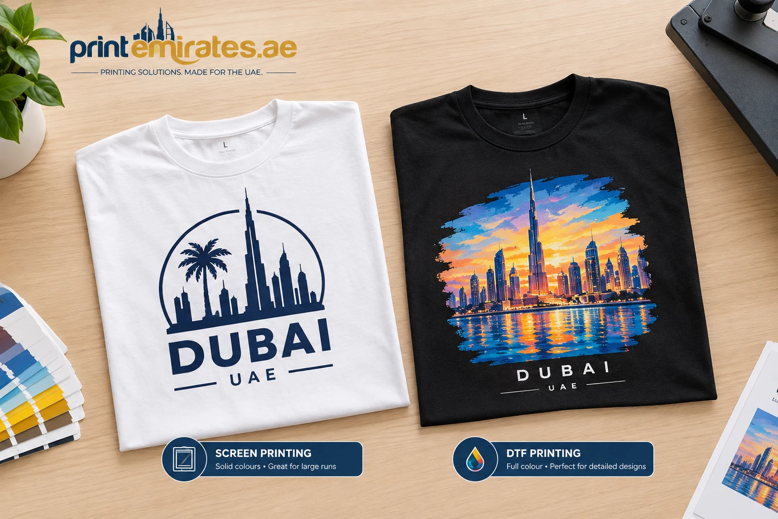 Two printed t-shirts laid side by side showing a solid-color print and a full-color transfer