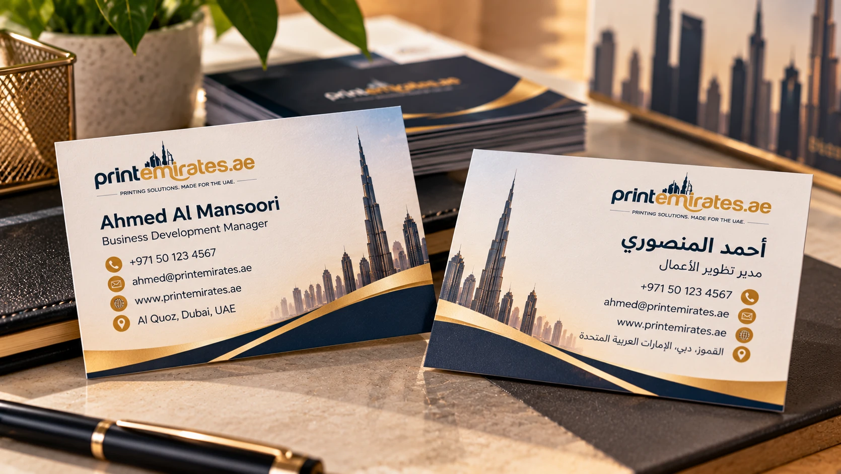 Business card showing English text on one side and Arabic text on the reverse