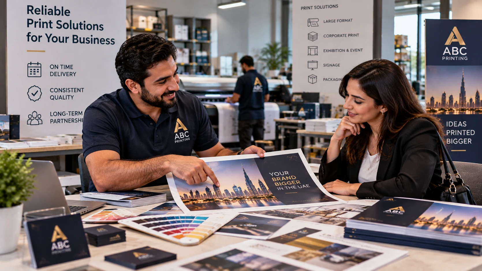 Print shop owner and client reviewing a printed proof together