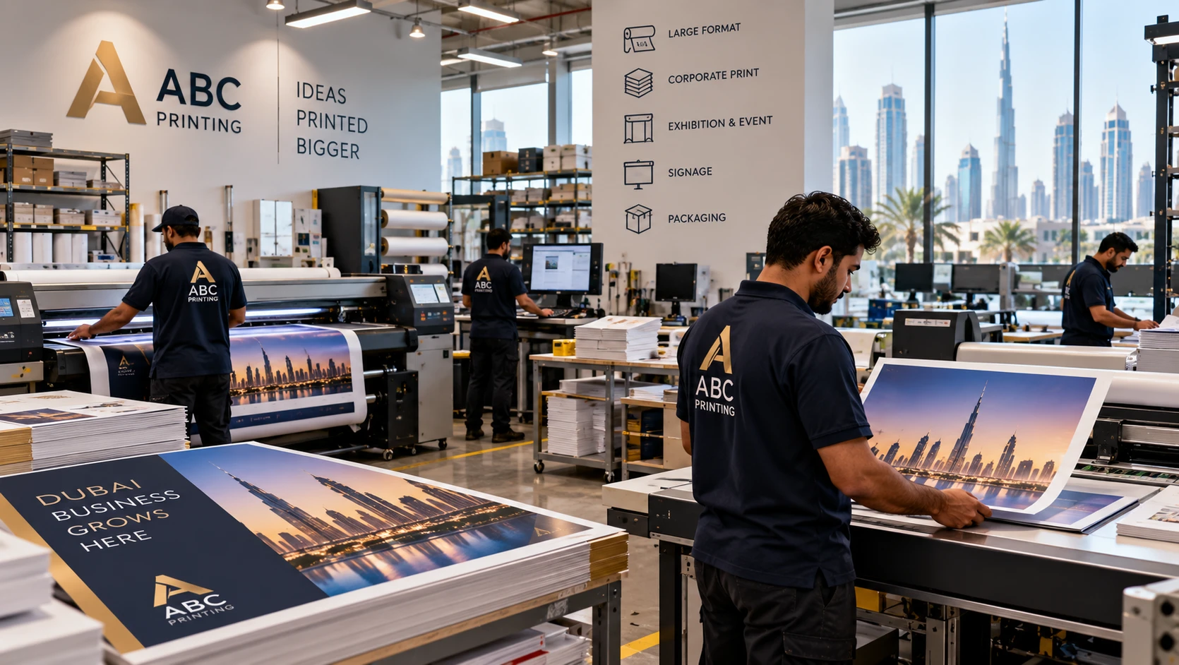 Interior of a print shop showing active production equipment and staff at work