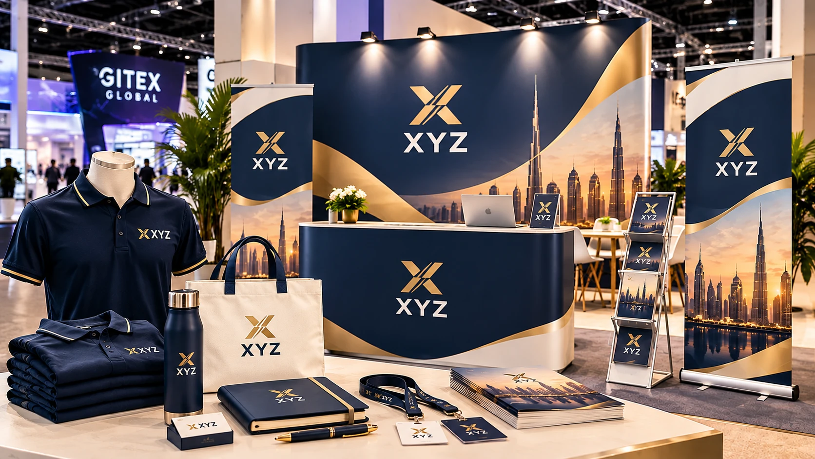 GITEX Global exhibition booth in Dubai featuring branded backdrops, roll-up banners, staff polo shirts, tote bags, notebooks, lanyards, brochures and corporate giveaways.