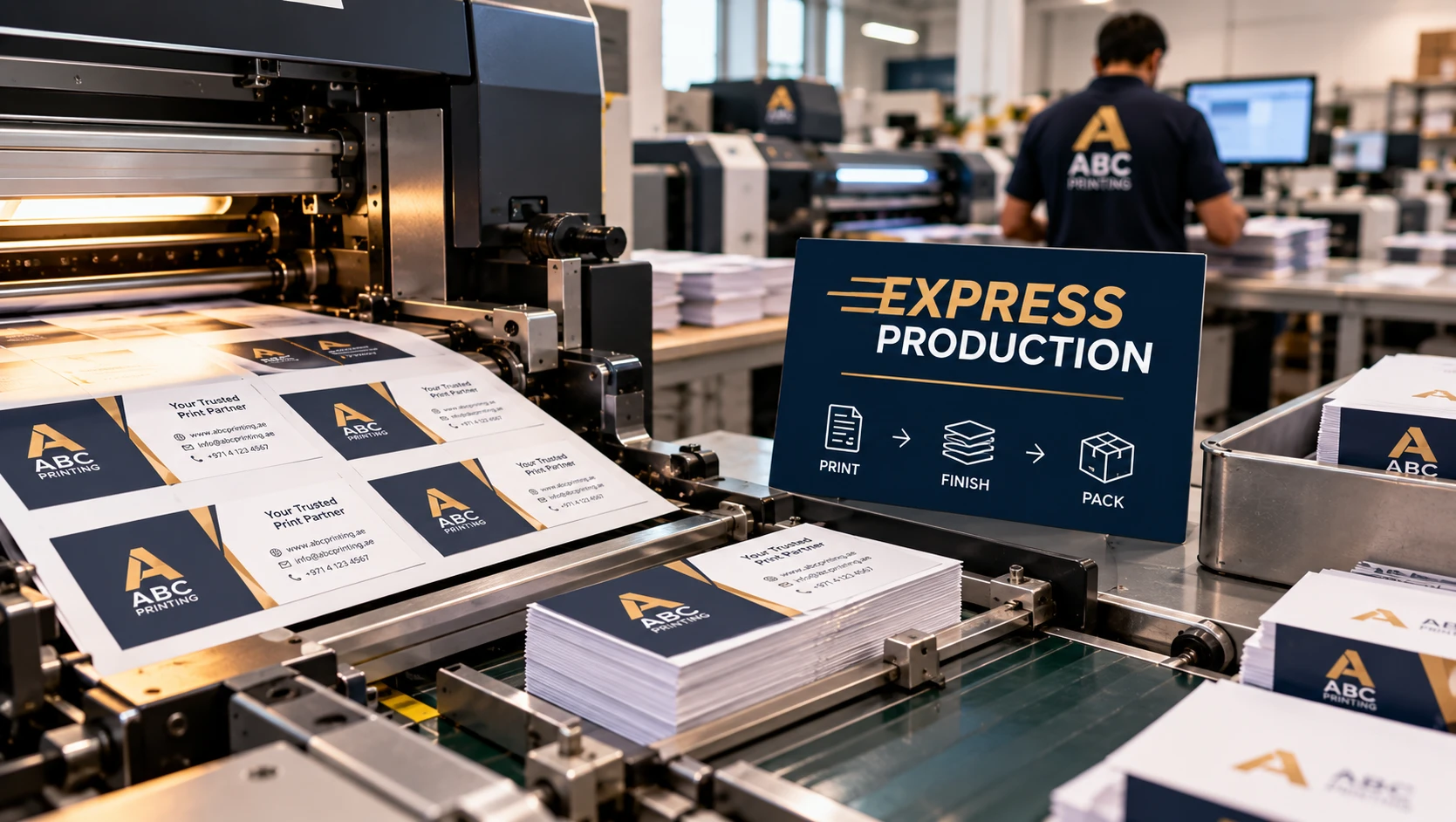 Freshly printed business cards being processed quickly on a production line 