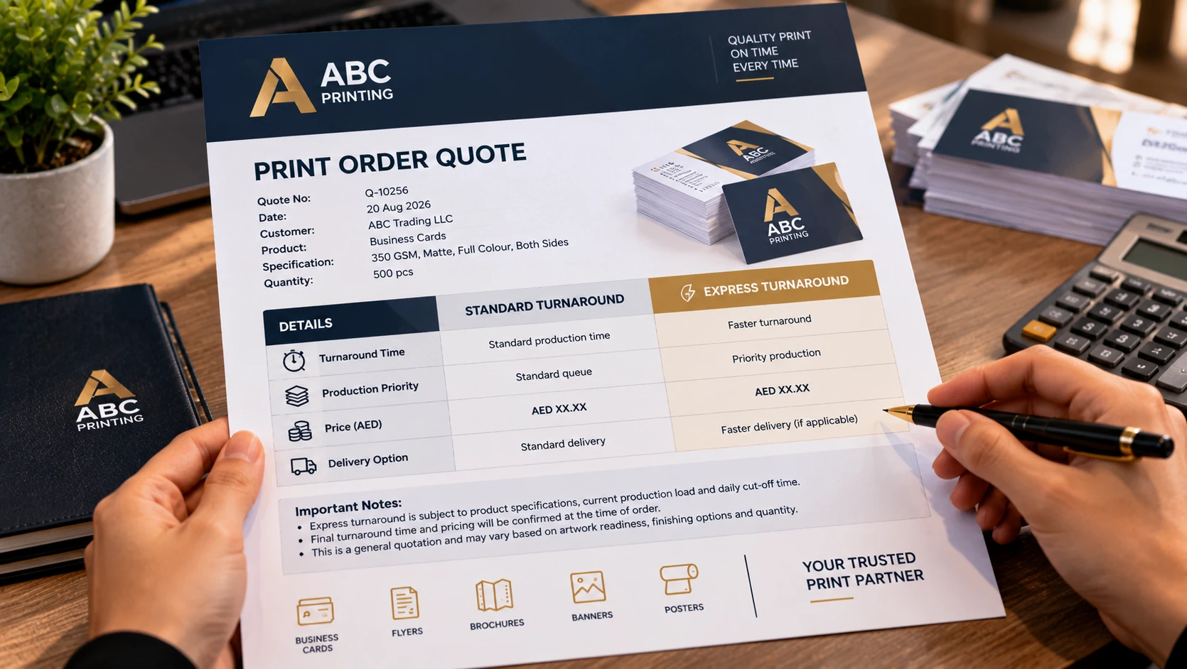 Printed quote document comparing standard turnaround and express turnaround pricing 