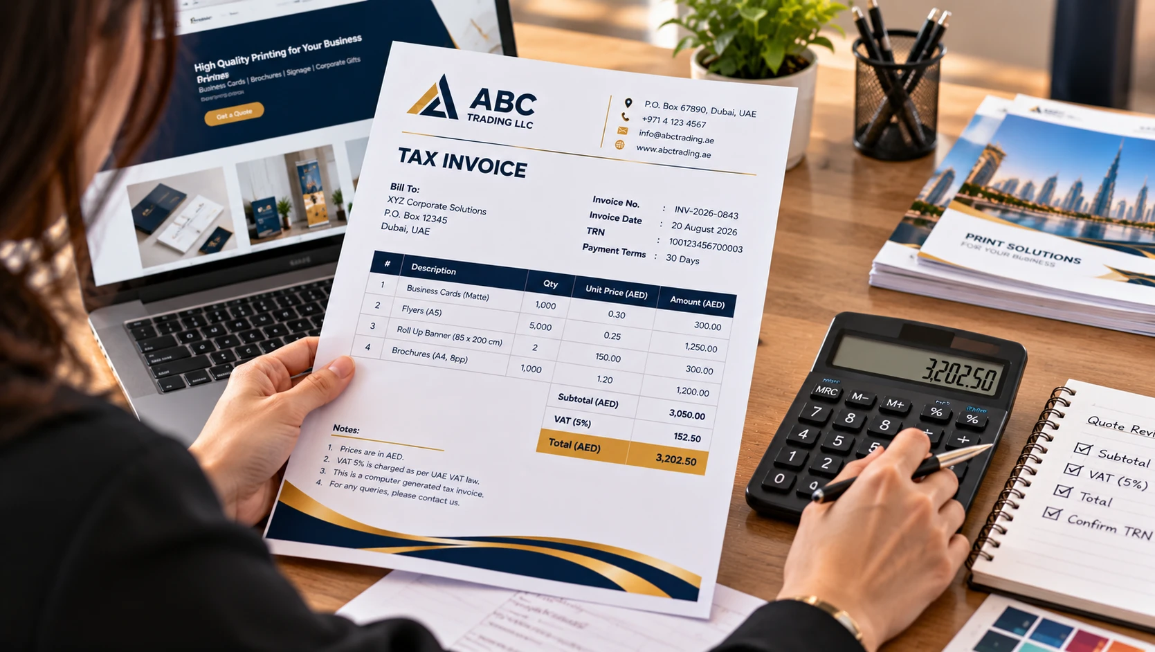 Person reviewing a printed invoice with a calculator on a desk